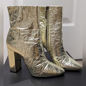 Saint Laurent Lou Foil Effect Metallic Gold Platinum Crinkled Leather Booties